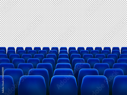 Isolated blue armchairs for cinema, theatre or opera. Realistic row with chairs for watching movie, seats facing transparent background, movie hall with empty scene vector illustration