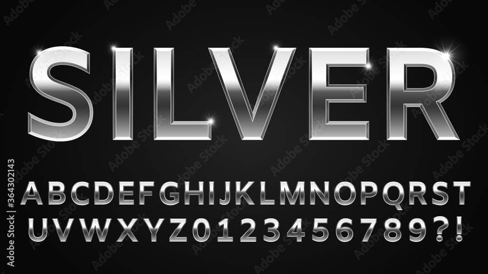 Silver font style. Metallic alphabet, numbers, question and exclamation  marks. Shinning latin letter isolated on dark background, English abc with  glowing effect vector illustration Stock Vector