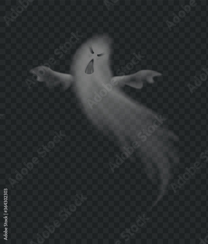 Realistic ghost, scary monster for halloween. Spooky phantom silhouette isolated on transparent background. Flying poltergeist figure with frightening face, ghoul vector illustration