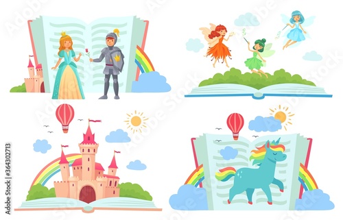 Open books with fairy tales characters. Kingdom with castle, royal knight giving rose to princess. Cute fairies flying with magic wands in dresses with wings. Unicorn with rainbow vector illustration © Tartila