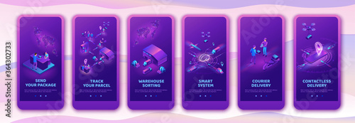 Isometric delivery service with truck at warehouse, mobile app template set, smart logistics company illustration, shipment by plane, car, by postal drone, people receive parcel at packstation