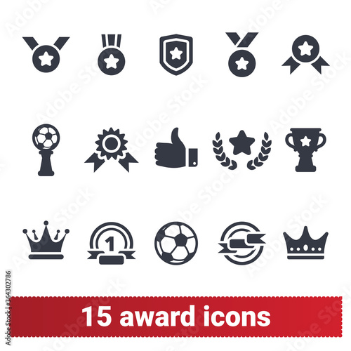 Award icons. Vector set of winner prizes and trophy pictograms. Leadership, competition, winning and rewarding symbols. Isolated clip art collection on white background.