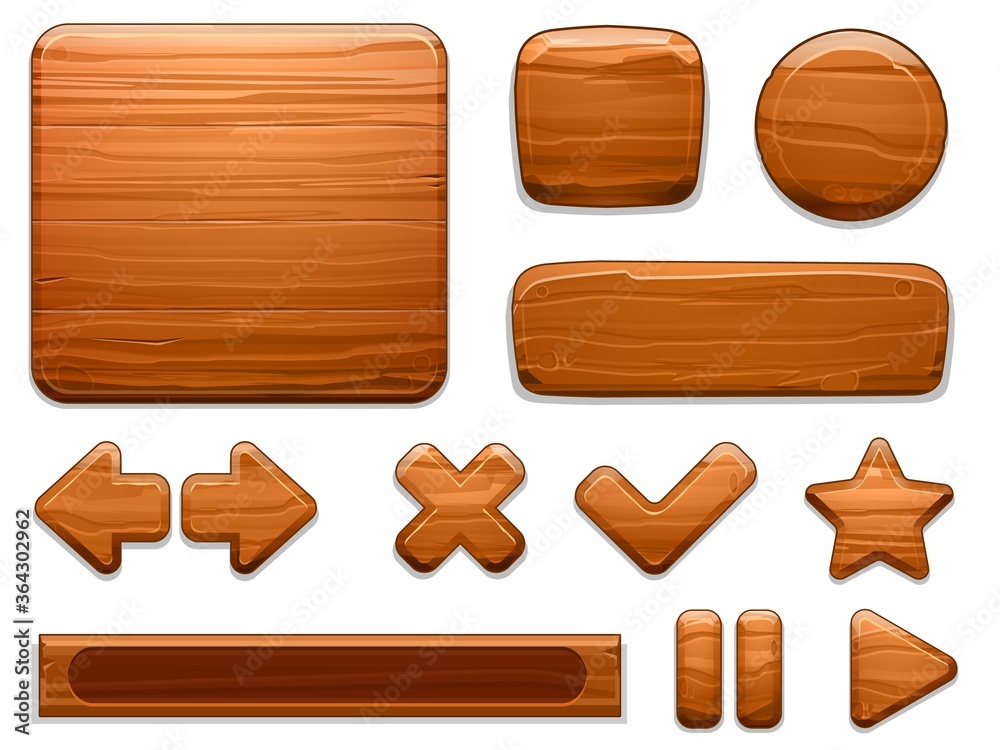 Wooden UI. Wood textured plate frame, cartoon banner panel and game buttons. Arrow, star and play stop button vector illustration set. Assets of different shapes, kit for playing, gui elements - obrazy, fototapety, plakaty 