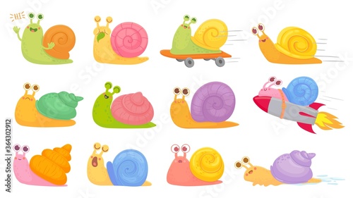 Cartoon snails. Slug on on startup rocket, skateboard and sleeping, yawning and fast vector kids characters set. Eating leaf, greeting and saying hi, different emotions as sad, happy