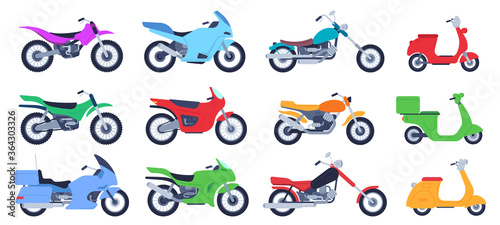 Flat motorbike. Biker motorcycles, city delivery scooters and road bikes. Retro choppers, sport motorcycle and motor side view vector illustration set. Scooter vehicle for transportation