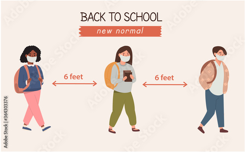 Banner group of modern kids different race in protective masks with backpacks walking keeping social distance. Primary school pupils during coronavirus pandemic. Flat vector cartoon illustration.