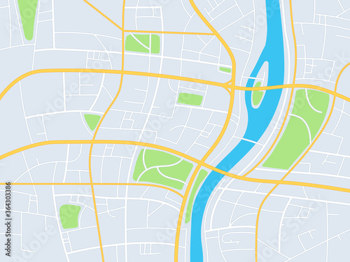 City map. Gps navigation plan, town streets with park and river, abstract direction road topographic map, planning travel, vector image. Crossroads with districts and blocks illustration