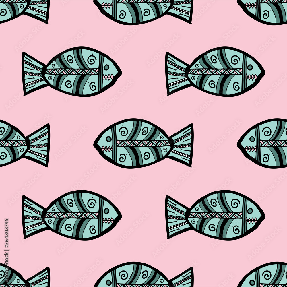 Naklejka premium Seamless vector illustration of tribal style Motif art blue fish on pastel pink background for making many kinds of printing or textile graphic related Aboriginal, Maya, Inca, African trendy style