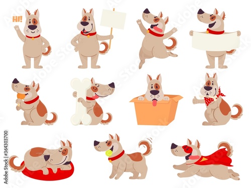 Cartoon dog mascot. Cute dogs in different action and emotion, happy smile friendly behavior pet, character funny avatar vector set. Puppy playing with ball, sitting in box, sleeping, eating