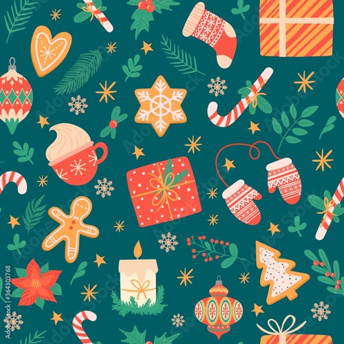 Christmas seamless pattern. Traditional xmas attributes, christmas tree toys, gingerbread, presents for cards and wrapping vector texture. New year cup with hot chocolate, holly leaves with berries