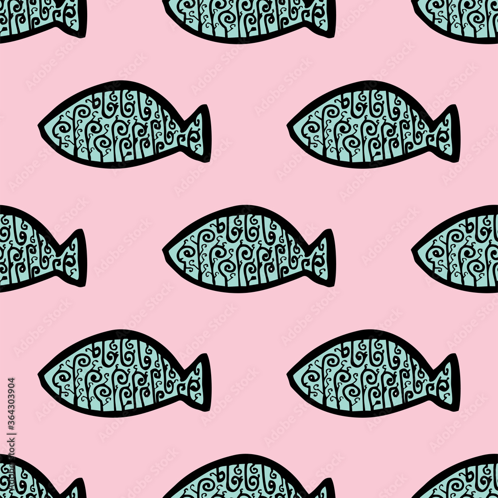 Seamless vector illustration of tribal style Motif art blue fish on pastel pink background for making many kinds of printing or textile graphic related Aboriginal, Maya, Inca, African trendy style