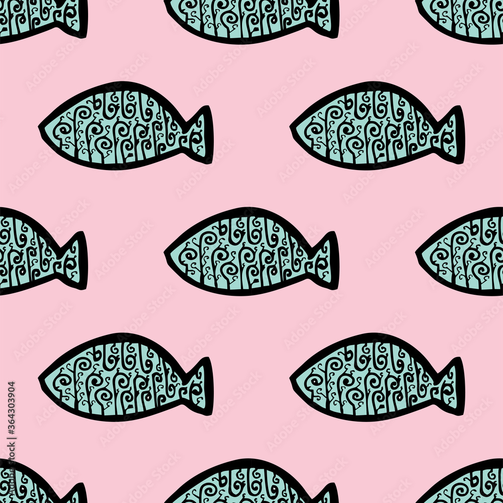 Seamless vector illustration of tribal style Motif art blue fish on pastel pink background for making many kinds of printing or textile graphic related Aboriginal, Maya, Inca, African trendy style Seamless vector illustration of tribal style Motif art blue fish on pastel pink background for making many kinds of printing or textile graphic related Aboriginal, Maya, Inca, African trendy style