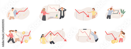 Finance decrease and crisis graph. Falling down business chart arrow, economic budget collapse, market risks and panic people vector set. Business problem and economy drop, money loss