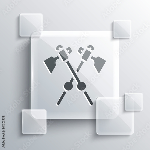 Grey Crossed medieval axes icon isolated on grey background. Battle axe, executioner axe. Medieval weapon. Square glass panels. Vector.