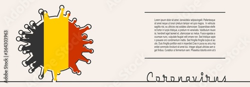 Abstract virus silhouette and Coronavirus text in thin line style. Coronavirus virus danger relative illustration. Medical research theme. Virus epidemic alert. Flag of the Belgium