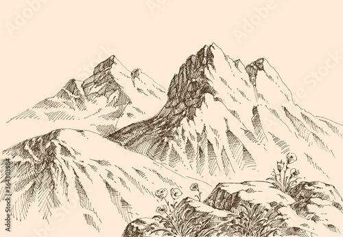 Mountains ranges hand drawing, alpine landscape background