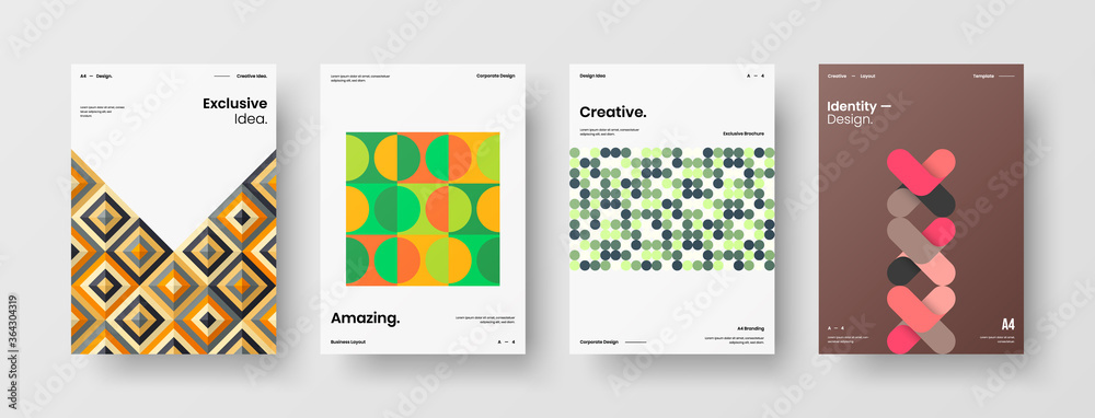 Fototapeta premium Company identity brochure template collection. Business presentation vector A4 vertical orientation front page mock up set. Corporate report cover abstract geometric illustration design layout bundle.