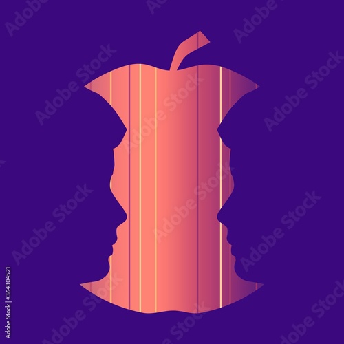An apple or two men face profile view. Optical illusion. Human head make silhouette of fruit. Homosexual relative silhouettes