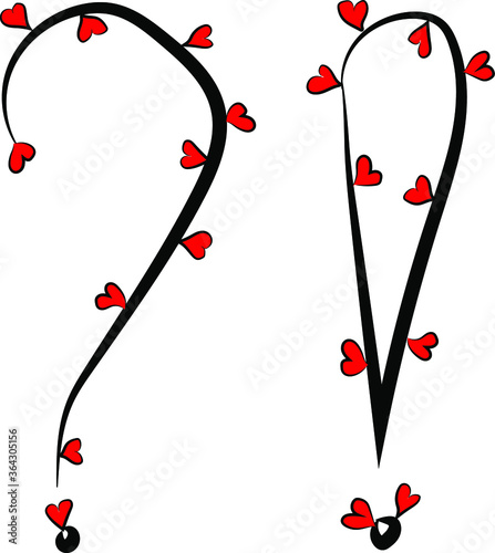 Festive romantic font. Black branches and bright red hearts. Valentine's day. Design of greeting cards and invitations. Punctuation marks - exclamation marks and question marks. Concise design