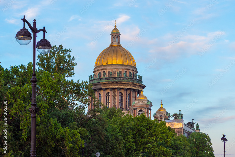 Saint Petersburg. Russia. Dome of St. Isaac?s Cathedral. Golden domes of the cathedral on the background of blue sky. Church of St. Petersburg. Sights of the Russian Federation. Russia vintage.