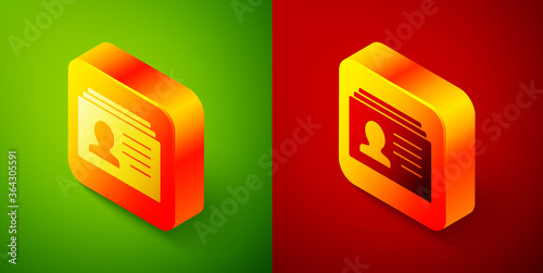 Isometric Resume icon isolated on green and red background. CV application. Searching professional staff. Analyzing personnel resume. Square button. Vector.
