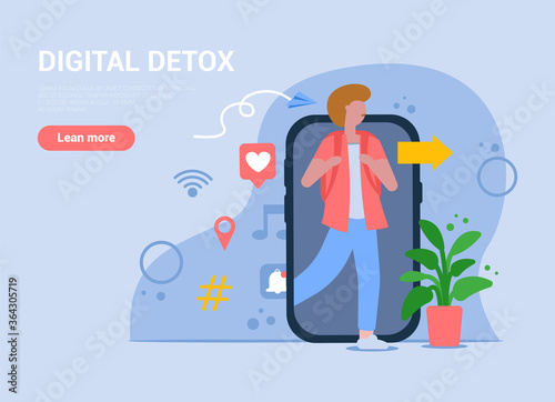 Vector concept of digital detox. A man escapes from digital addiction to the real world. Modern lifestyle. A man exits from the screen of a mobile phone. Can be used for sites and web banners.