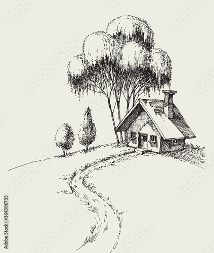 Small house in the garden vector hand drawing