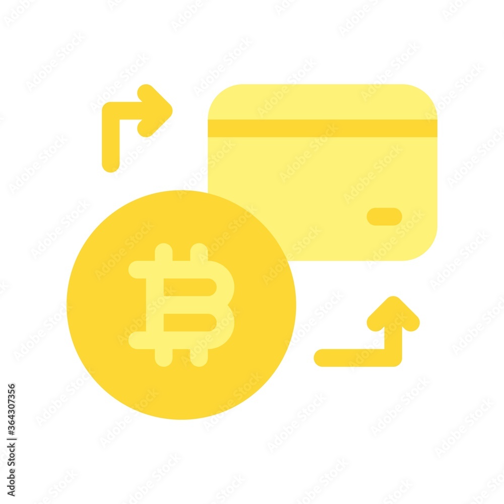 Bitcoin and banking card transactions. Depositing cryptocurrency in a bank card. Flat icon illustration.
