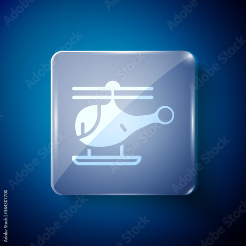 White Helicopter aircraft vehicle icon isolated on blue background. Square glass panels. Vector.