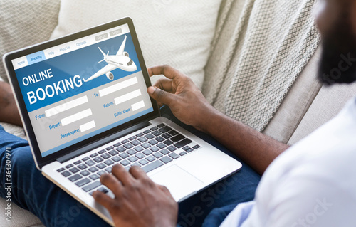 Guy Buying Flight Tickets Using Laptop At Home, Cropped, Collage