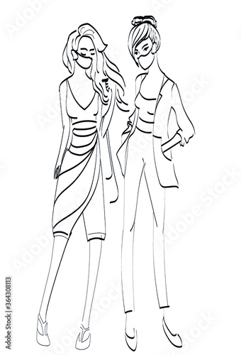 Fashion in a protective mask. Pandemic. Corona virus. Covid 19. Fase coverings required. Black-white silhouette on a white background.