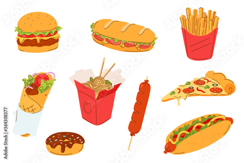 Fast food set vector illustration. Street food menu - burger, sandwich, french fries, doner kebab, noodles, donut, sausage, hot dog and a slice of pizza. Takeaway meals isolated on white.