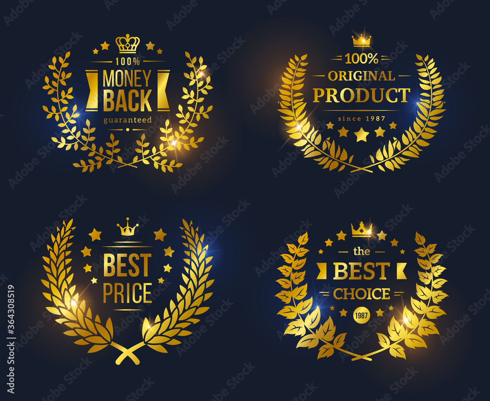 Vector vintage badges collection Best choice, Best price, Original Product, Money Back Guarantee. Shining glossy Premium Quality sign on black background