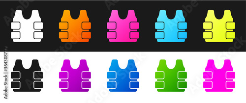Set Bulletproof vest for protection from bullets icon isolated on black and white background. Body armor sign. Military clothing. Vector.