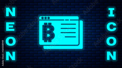Glowing neon Cryptocurrency coin Bitcoin icon isolated on brick wall background. Physical bit coin. Blockchain based secure crypto currency. Vector.