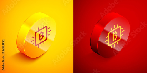 Isometric CPU mining farm icon isolated on orange and red background. Bitcoin sign inside processor. Cryptocurrency mining community. Digital money. Circle button. Vector.