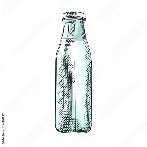 Colorful watercolor Hand-drawn sketch of milk in a glass bottle. Long glass bottle with milk or water