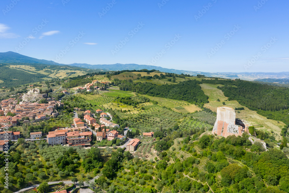 Aerial view of the medieval town of rocca d'orcia on the hills of tuscany