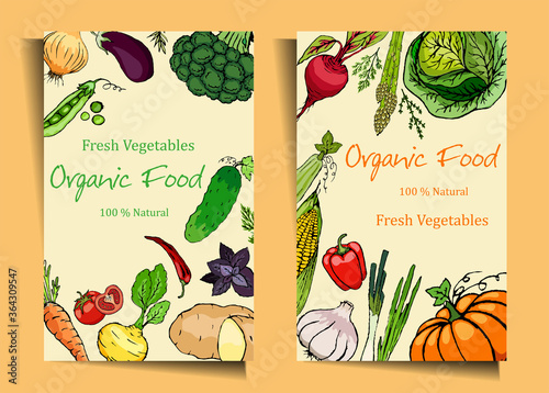 Ripe, fresh vegetables with aromatic herbs on a white background. Food collection.
Stock vector.