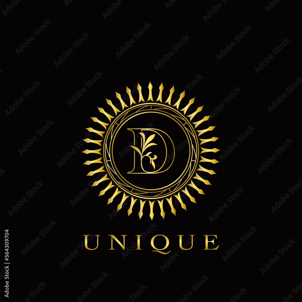 Fototapeta premium Golden Circle Deco D Luxury Floral Letter Logo Design. Monogram unique emblem ornate nature floral leaf with initial letter logo
