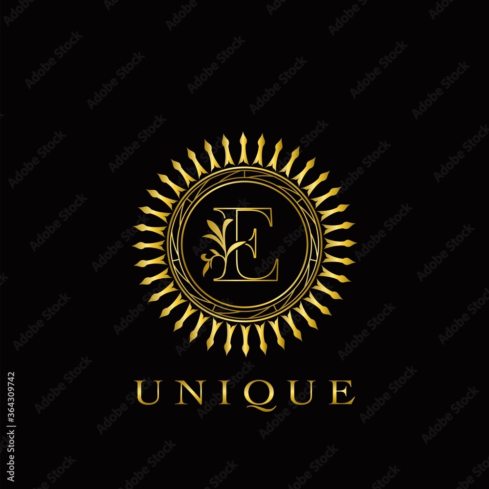Fototapeta premium Golden Circle Deco E Luxury Floral Letter Logo Design. Monogram unique emblem ornate nature floral leaf with initial letter logo
