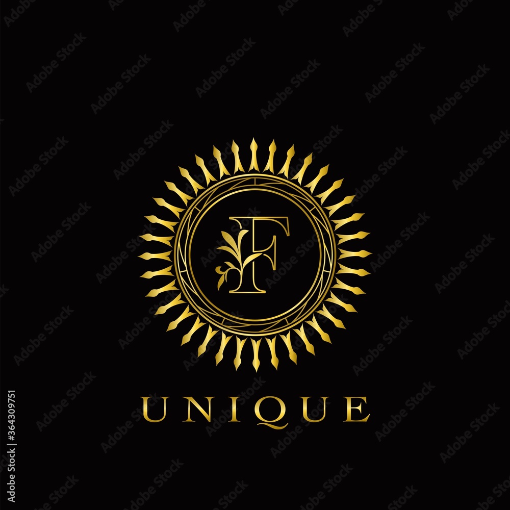 Fototapeta premium Golden Circle Deco F Luxury Floral Letter Logo Design. Monogram unique emblem ornate nature floral leaf with initial letter logo