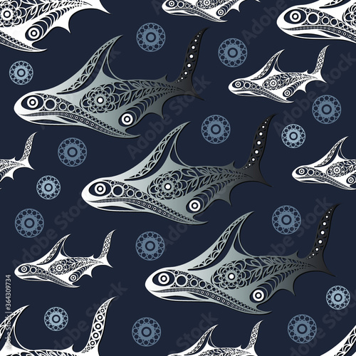Seamless pattern (texture) with marine ornament. Sailor infinite background. Suitable for design: cloth, web, wallpaper, wrapping. Vector illustration.