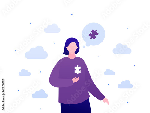 Psychology, emotion and psychotherapy patient concept. Vector flat person illustration. Female character with jigsaw puzzle piece in heart place. Design for mental health banner, web.