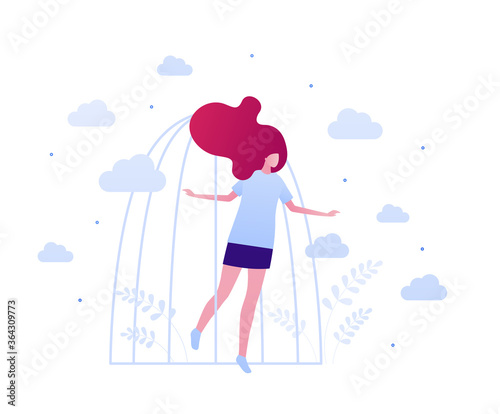 Psychology, emotion and psychotherapy patient concept. Vector flat person illustration. Woman character going out from cage prison. Design for mental health and domestic abuse banner, web.