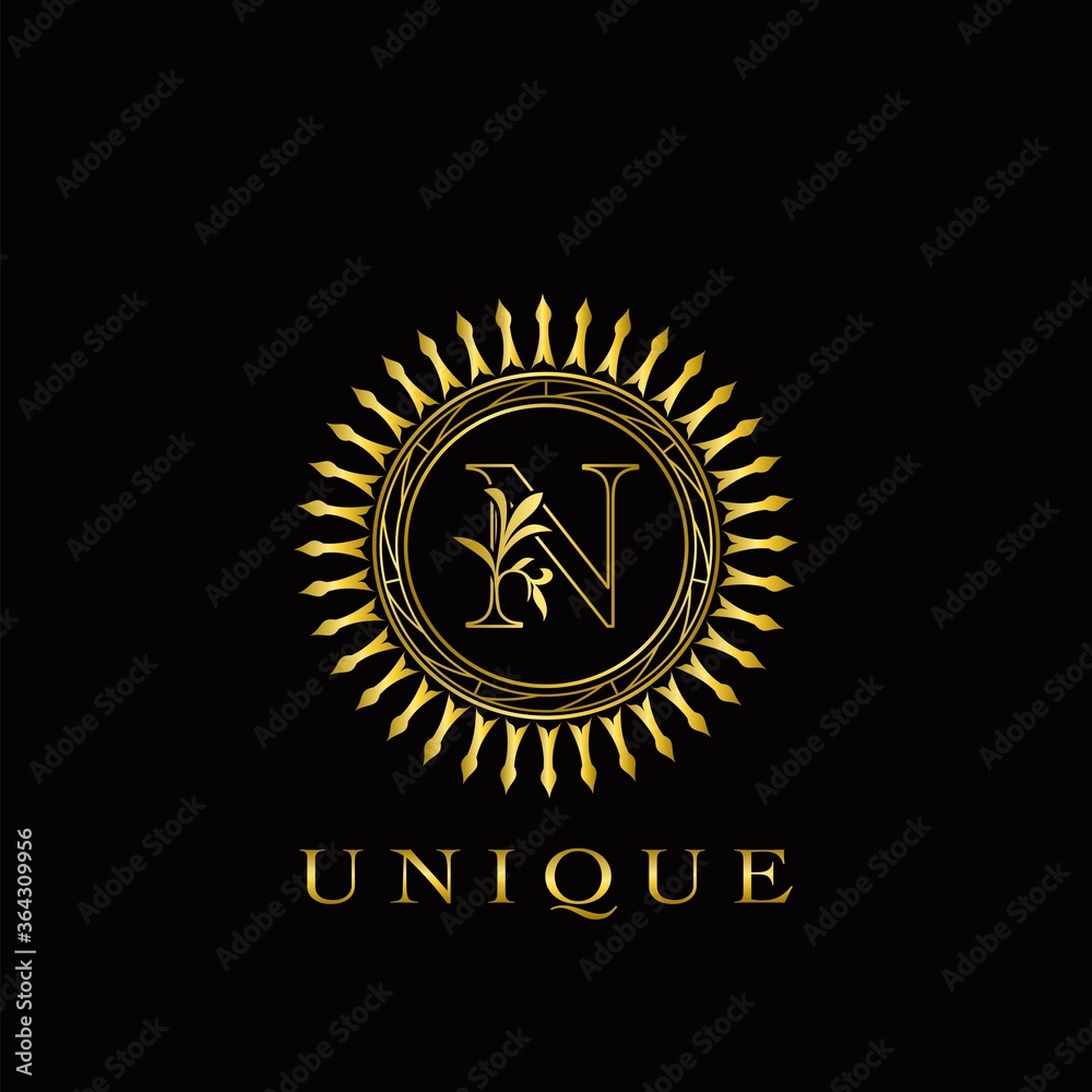 Fototapeta premium Golden Circle Deco N Luxury Floral Letter Logo Design. Monogram unique emblem ornate nature floral leaf with initial letter logo