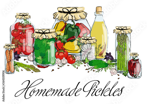 Home-made preparations, pickles and preservation. Glass jars with vegetables and herbs.
Stock vector.