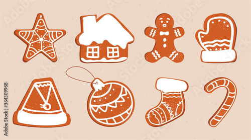 Vector set of isolated ginger cookies with icing and icing sugar of different shapes and elements. New Year and Christmas tea cookies. Festive gossips for print on fabric and web decor.