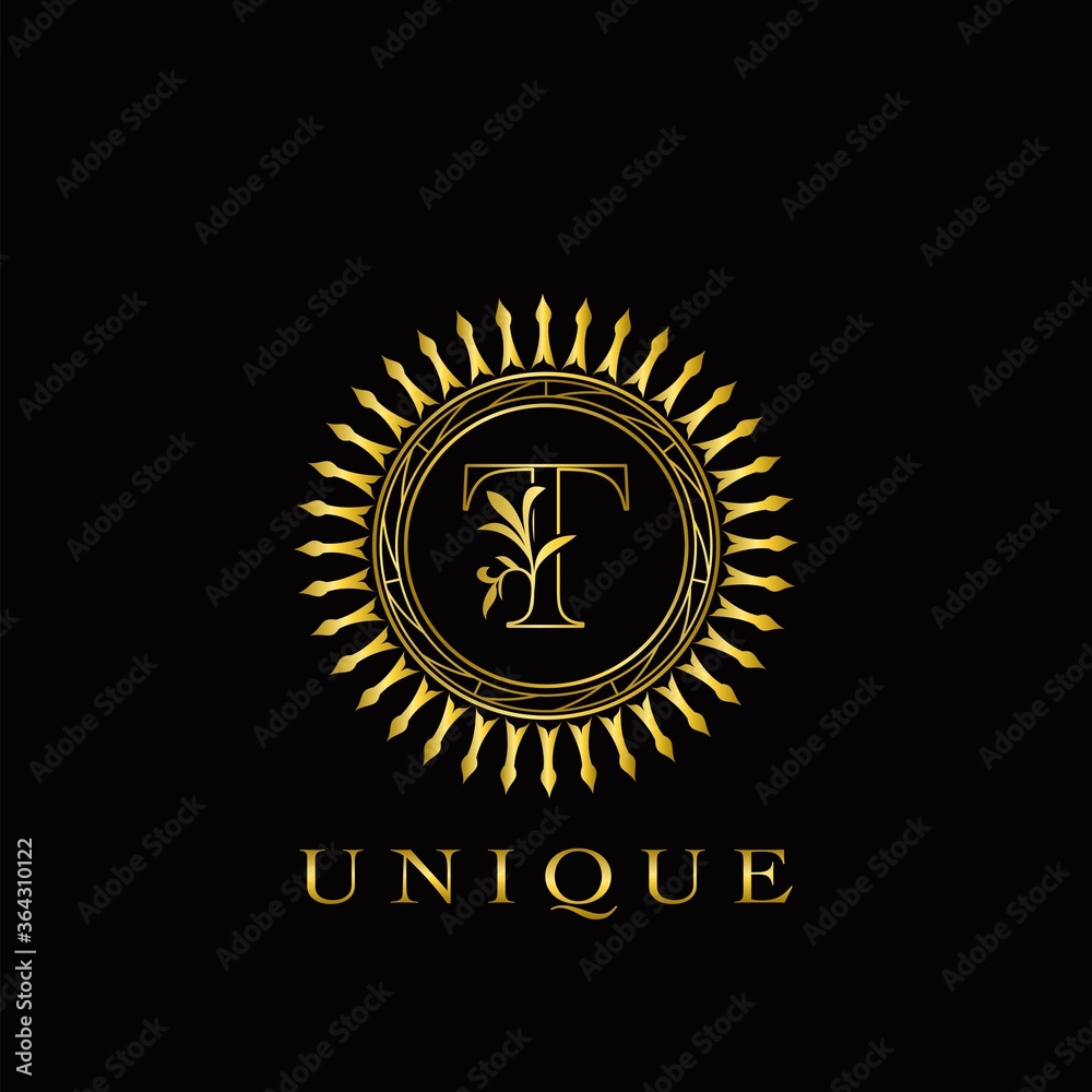 Naklejka premium Golden Circle Deco T Luxury Floral Letter Logo Design. Monogram unique emblem ornate nature floral leaf with initial letter logo