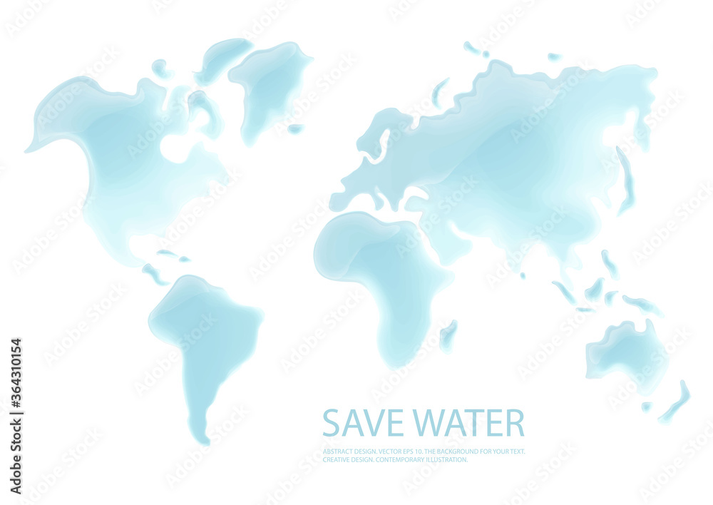 Water spilled on a white background in the form of a map of the world. Realistic illustration. 3D liquid drops
on a light surface. Stock vector.
